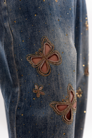 Blugi cu broderie perforata  si strasuri aurii vintage [4]