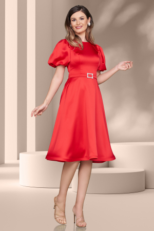 Rochii elegante - Rochie de seara rosie in clos cu maneca bufanta