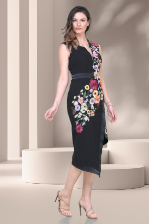 Rochie Effect eleganta de seara stofa neagra cu flori brodate aplicate [2]
