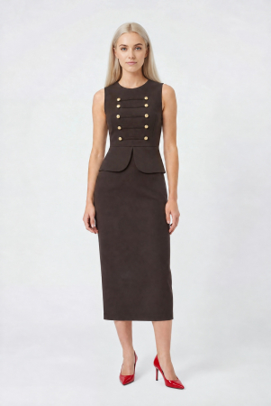 Rochii de zi - Rochie maro midi tip creion cu peplum in talie accesorizata cu nasturi aurii
