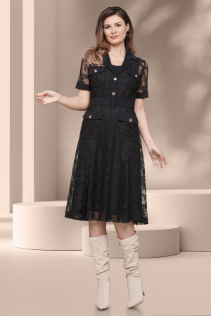Rochie neagra eleganta trei sferturi din dantela cu buzunare