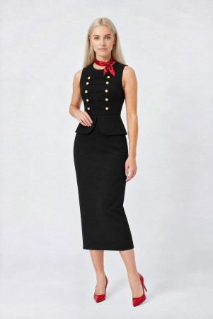 Rochii de zi - Rochie neagra midi tip creion cu peplum in talie accesorizata cu nasturi aurii