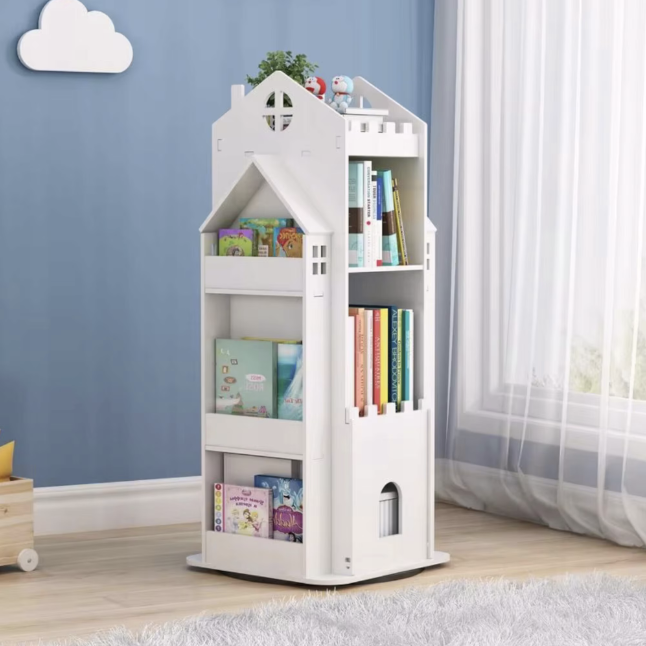 Biblioteca rotativa pentru carti eGROW®, 8 polite, model castel, lemn/PVC, alb [2]