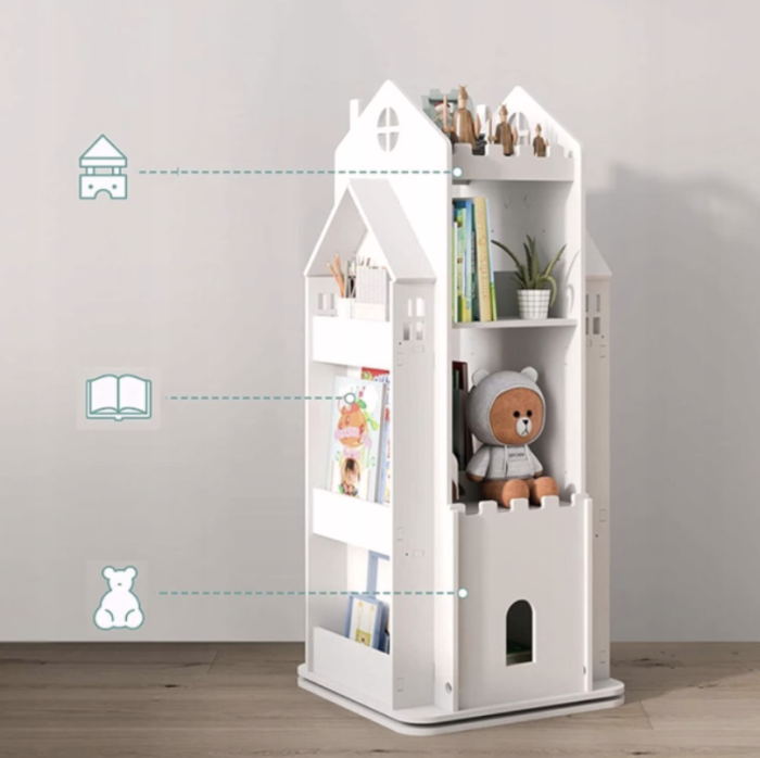 Biblioteca rotativa pentru carti eGROW®, 8 polite, model castel, lemn/PVC, alb [8]