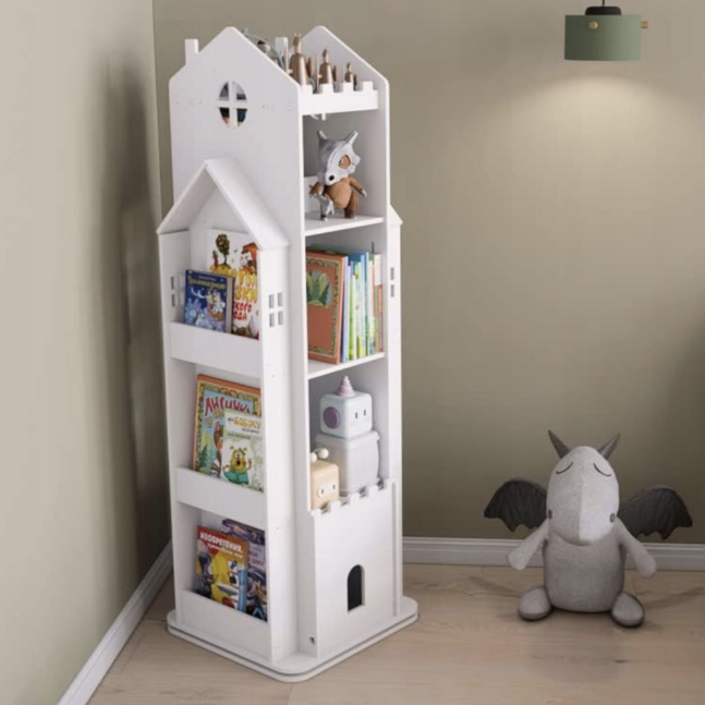 Biblioteca rotativa pentru carti eGROW®, 8 polite, model castel, lemn/PVC, alb [7]