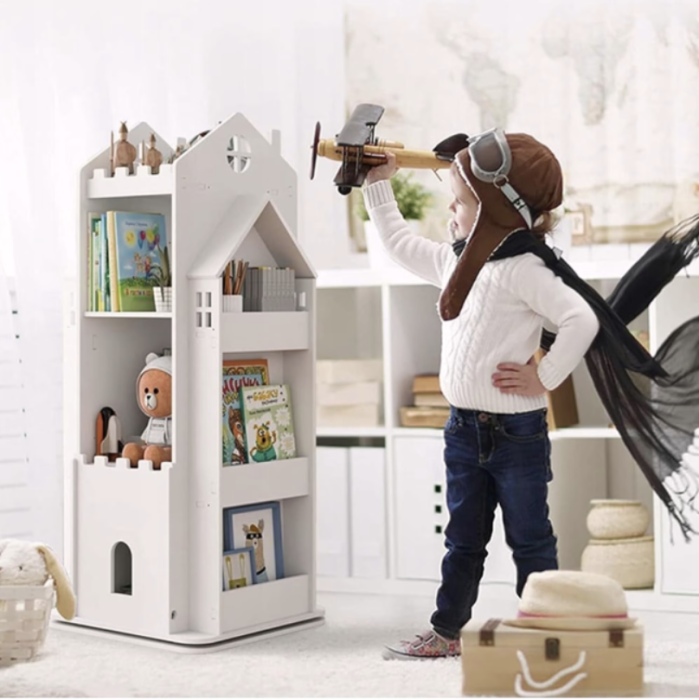 Biblioteca rotativa pentru carti eGROW®, 8 polite, model castel, lemn/PVC, alb [4]