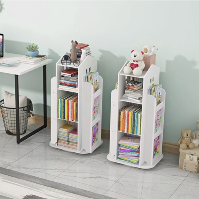 Biblioteca rotativa pentru carti eGROW®, 8 polite, model castel, lemn/PVC, alb [10]