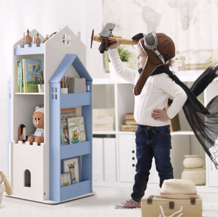 Biblioteca rotativa pentru carti eGROW®, 8 polite, model castel, lemn/PVC, albastru [3]