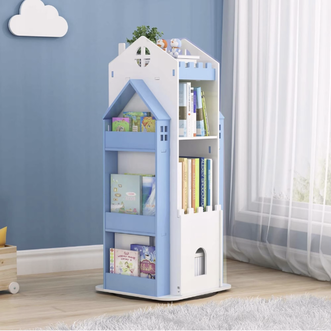 Biblioteca rotativa pentru carti eGROW®, 8 polite, model castel, lemn/PVC, albastru [5]