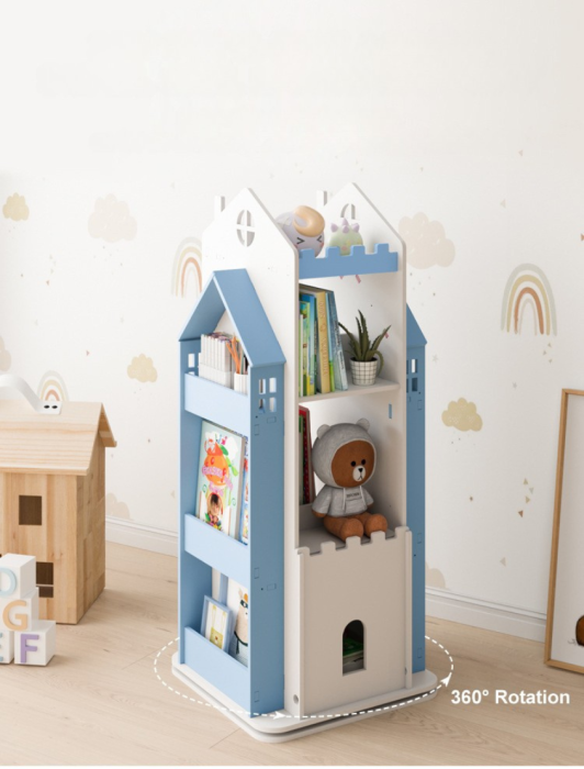 Biblioteca rotativa pentru carti eGROW®, 8 polite, model castel, lemn/PVC, albastru [6]