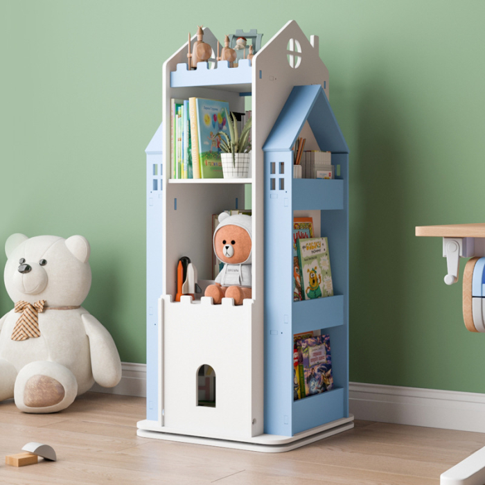 Biblioteca rotativa pentru carti eGROW®, 8 polite, model castel, lemn/PVC, albastru [8]