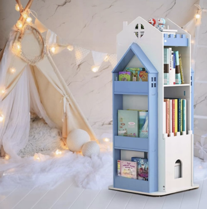 Biblioteca rotativa pentru carti eGROW®, 8 polite, model castel, lemn/PVC, albastru [7]