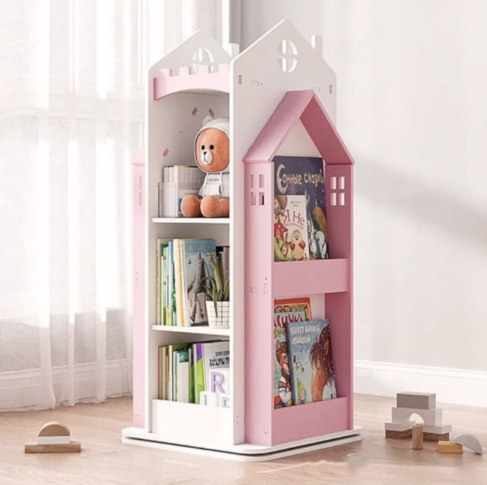 Biblioteca rotativa pentru carti eGROW®, 8 polite, model castel, lemn/PVC, roz [5]