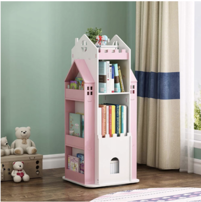 Biblioteca rotativa pentru carti eGROW®, 8 polite, model castel, lemn/PVC, roz [4]