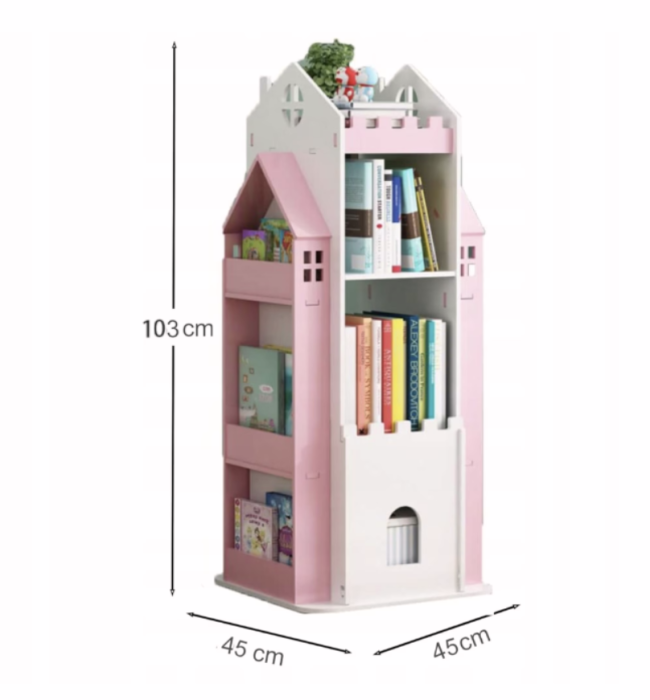 Biblioteca rotativa pentru carti eGROW®, 8 polite, model castel, lemn/PVC, roz [2]