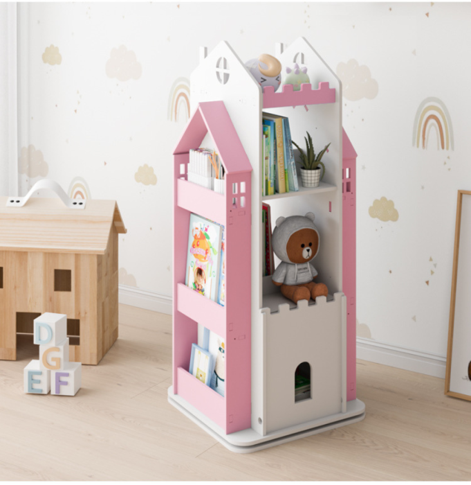 Biblioteca rotativa pentru carti eGROW®, 8 polite, model castel, lemn/PVC, roz [3]