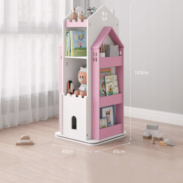 Biblioteca rotativa pentru carti eGROW®, 8 polite, model castel, lemn/PVC, roz [6]