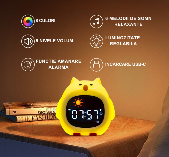 Ceas digital inteligent cu alarma pentru copii eGROW® Owl Touch, 8 culori, 6 melodii adormire, Sunete albe, 5 Nivele de volum, 2 Moduri de alarma, Control prin atingere, 5 Nivele ajustare luminozitate [4]