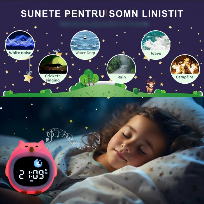 Ceas digital inteligent cu alarma pentru copii eGROW® Owl Touch, 8 culori, 6 melodii adormire, Sunete albe, 5 Nivele de volum, 2 Moduri de alarma, Control prin atingere, 5 Nivele ajustare luminozitate [5]