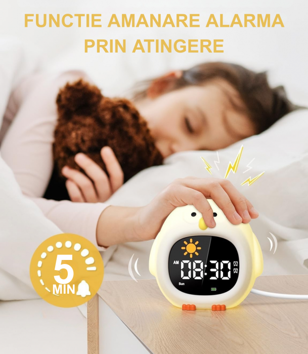 Ceas digital inteligent cu alarma pentru copii eGROW® Owl Touch, 8 culori, 6 melodii adormire, Sunete albe, 5 Nivele de volum, 2 Moduri de alarma, Control prin atingere, 5 Nivele ajustare luminozitate [6]