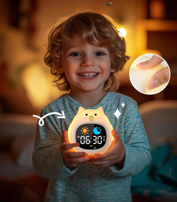 Ceas digital inteligent cu alarma pentru copii eGROW® Owl Touch, 8 culori, 6 melodii adormire, Sunete albe, 5 Nivele de volum, 2 Moduri de alarma, Control prin atingere, 5 Nivele ajustare luminozitate [8]