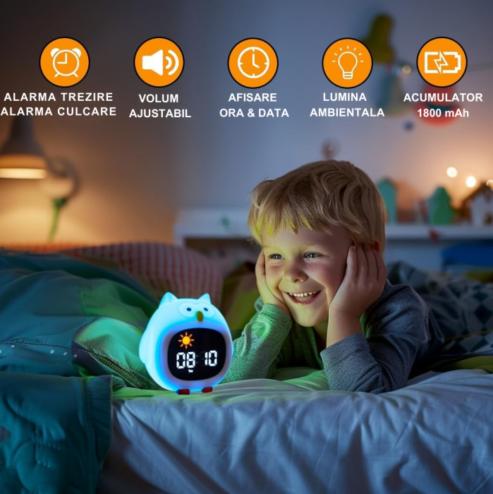 Ceas digital inteligent cu alarma pentru copii eGROW® Owl Touch, 8 culori, 6 melodii adormire, Sunete albe, 5 Nivele de volum, 2 Moduri de alarma, Control prin atingere, 5 Nivele ajustare luminozitate [7]
