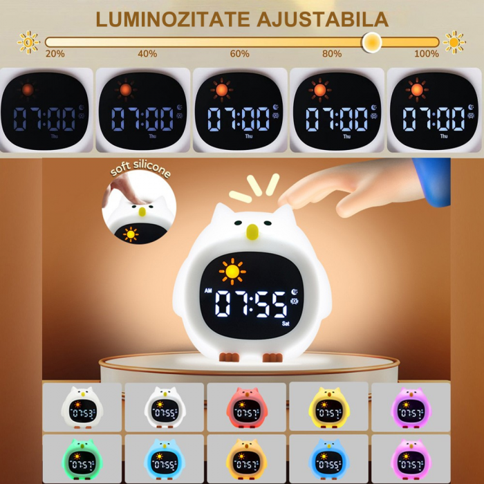 Ceas digital inteligent cu alarma pentru copii eGROW® Owl Touch, 8 culori, 6 melodii adormire, Sunete albe, 5 Nivele de volum, 2 Moduri de alarma, Control prin atingere, 5 Nivele ajustare luminozitate [3]