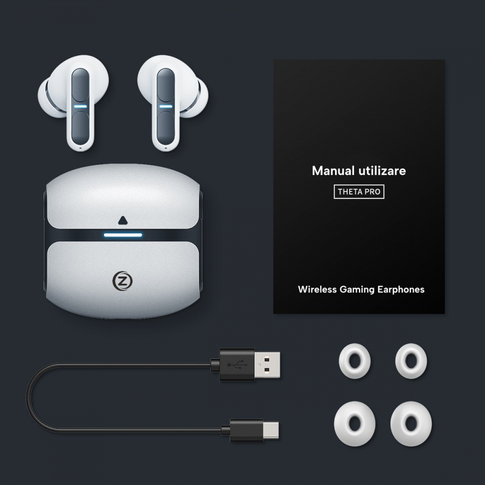 Casti Wireless Audio Zendo® THETA PRO, fara fir, Bluetooth 5.3, Microfon, Control tactil, Noise Cancelling, Carcasa magnetica, Rezistente la apa, Latenta redusa, Universale, Culoare Alb [11]