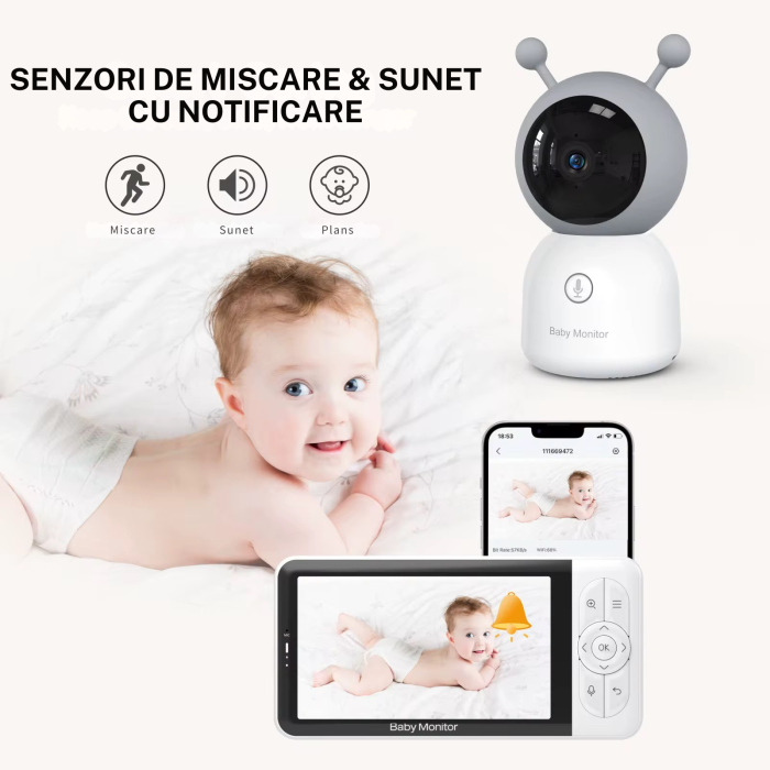 Baby Monitor Smart WiFi 3in1 Lumini Ambientale eGROW® DUO MAX 5” 2K Multi View, Aplicatie Smartphone/Tableta, Detectie AI Temperatura, Miscare, Sunet, Umiditate, Night Vision,, Sunet Bidirectional [5]