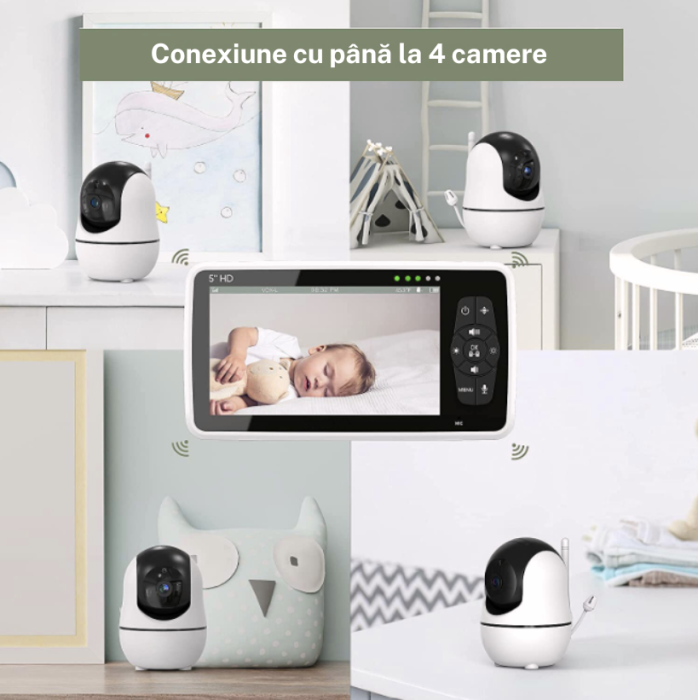 BabyMonitor Wireless cu Sunete Albe si Roz Pentru Supraveghere Audio-Video Bebelusi eGROW® Smart50+, Ecran LCD XXL 5" HD 720p, Rotire 355° Panoramic, Functie VOX, Mod Nocturn NightVision Automat [6]