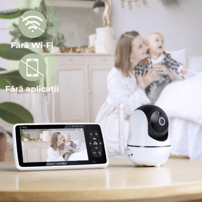 BabyMonitor Wireless cu Sunete Albe si Roz Pentru Supraveghere Audio-Video Bebelusi eGROW® Smart50+, Ecran LCD XXL 5" HD 720p, Rotire 355° Panoramic, Functie VOX, Mod Nocturn NightVision Automat [4]
