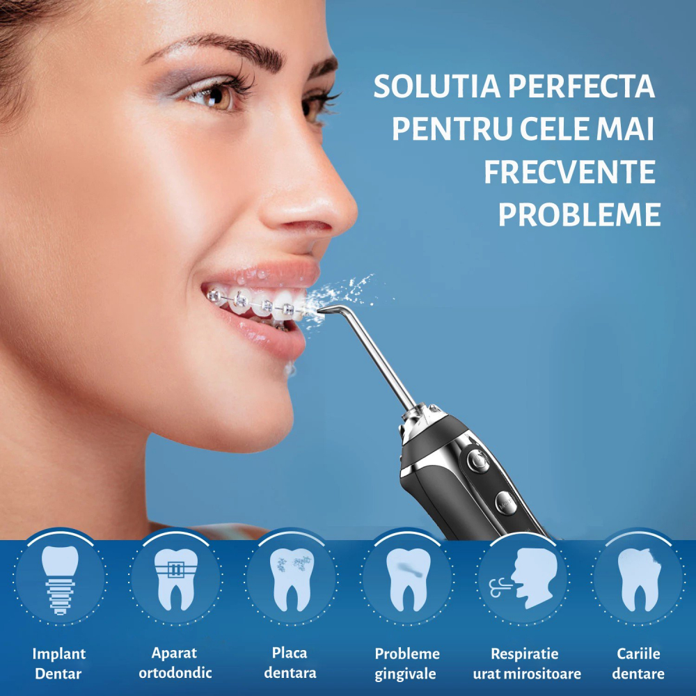 Irigator Oral Profesional pentru Dus Bucal H2ofloss® Premium, 10 duze, 5 trepte de presiune, Baterie 2500mAh, Gravity Ball, 1200 pulsatii/minut, Protectie supraincalzire, Rezistenta la apa IPX7, Negru [3]