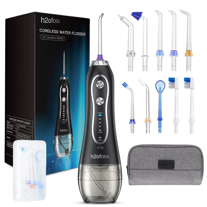 Irigator Oral Profesional pentru Dus Bucal H2ofloss® Premium, 10 duze, 5 trepte de presiune, Baterie 2500mAh, Gravity Ball, 1200 pulsatii/minut, Protectie supraincalzire, Rezistenta la apa IPX7, Negru [1]