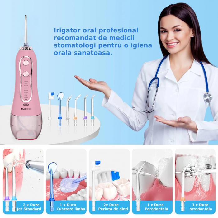 Irigator Oral Profesional pentru Dus Bucal H2ofloss® Premium, 10 duze, 5 trepte de presiune, Baterie 2500mAh, Gravity Ball, 1200 pulsatii/minut, Protectie supraincalzire, Rezistenta la apa IPX7, Geant [2]