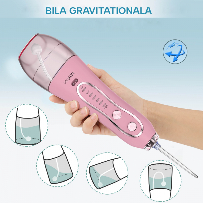 Irigator Oral Profesional pentru Dus Bucal H2ofloss® Premium, 10 duze, 5 trepte de presiune, Baterie 2500mAh, Gravity Ball, 1200 pulsatii/minut, Protectie supraincalzire, Rezistenta la apa IPX7, Geant [5]