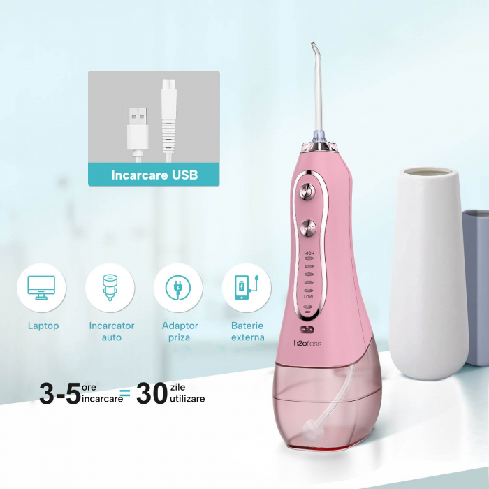 Irigator Oral Profesional pentru Dus Bucal H2ofloss® Premium, 10 duze, 5 trepte de presiune, Baterie 2500mAh, Gravity Ball, 1200 pulsatii/minut, Protectie supraincalzire, Rezistenta la apa IPX7, Geant [6]