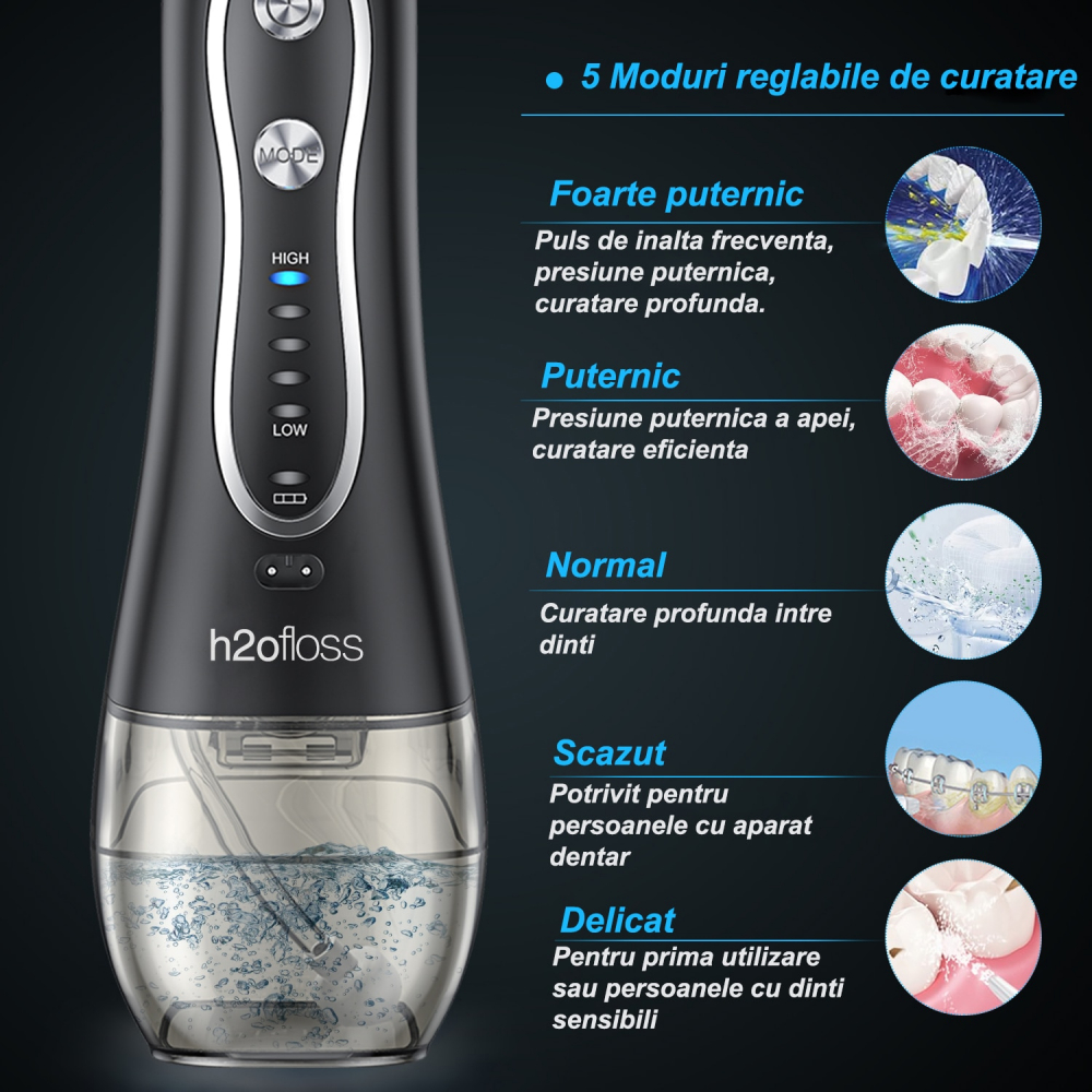 Irigator Oral Profesional pentru Dus Bucal H2ofloss® Premium, 10 duze, 5 trepte de presiune, Baterie 2500mAh, Gravity Ball, 1200 pulsatii/minut, Protectie supraincalzire, Rezistenta la apa IPX7, Negru [4]