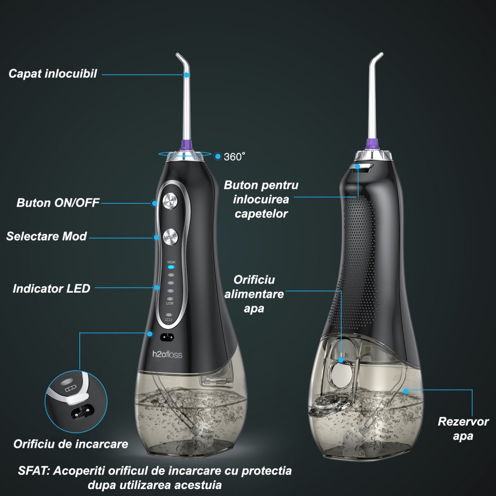 Irigator Oral Profesional pentru Dus Bucal H2ofloss® Premium, 10 duze, 5 trepte de presiune, Baterie 2500mAh, Gravity Ball, 1200 pulsatii/minut, Protectie supraincalzire, Rezistenta la apa IPX7, Negru [9]