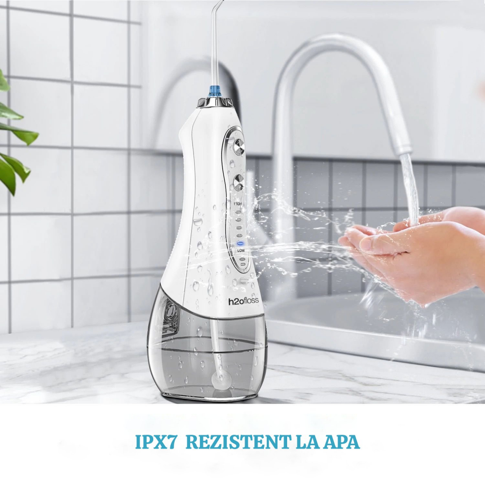 Irigator Oral Profesional pentru Dus Bucal H2ofloss® Premium, 10 duze, 5 trepte de presiune, Baterie 2500mAh, Gravity Ball, 1200 pulsatii/minut, Protectie supraincalzire, Rezistenta la apa IPX7, Alb [9]