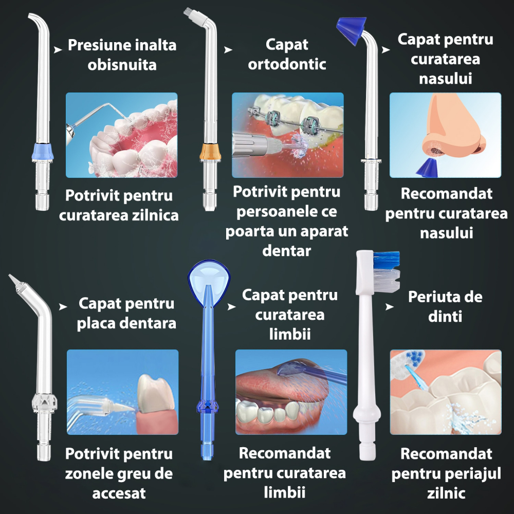 Irigator Oral Profesional pentru Dus Bucal H2ofloss® Premium, 10 duze, 5 trepte de presiune, Baterie 2500mAh, Gravity Ball, 1200 pulsatii/minut, Protectie supraincalzire, Rezistenta la apa IPX7, Negru [6]