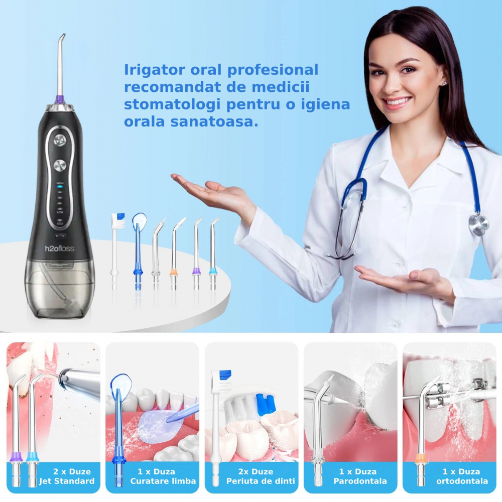 Irigator Oral Profesional pentru Dus Bucal H2ofloss® Premium, 10 duze, 5 trepte de presiune, Baterie 2500mAh, Gravity Ball, 1200 pulsatii/minut, Protectie supraincalzire, Rezistenta la apa IPX7, Negru [2]