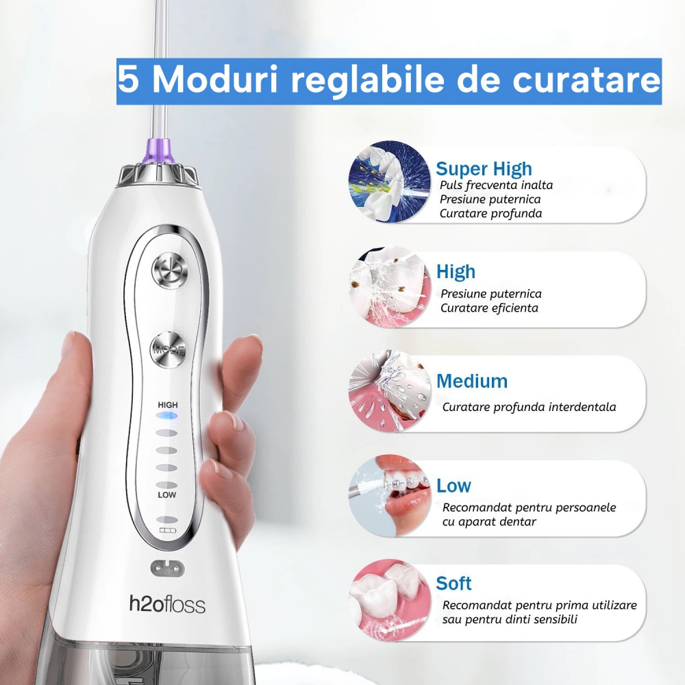 Irigator Oral Profesional pentru Dus Bucal H2ofloss® Premium, 10 duze, 5 trepte de presiune, Baterie 2500mAh, Gravity Ball, 1200 pulsatii/minut, Protectie supraincalzire, Rezistenta la apa IPX7, Alb [4]