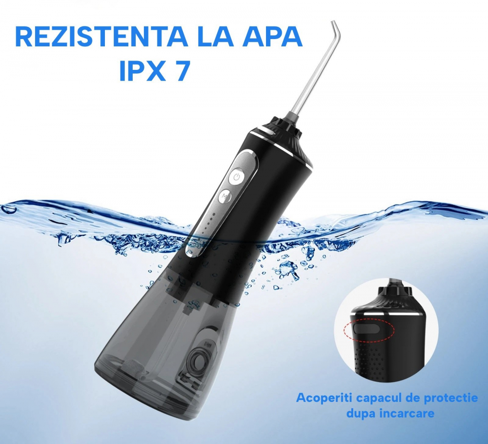 Irigator Oral Profesional pentru Dus Bucal H2ofloss® Premium, 10 duze incluse, 5 trepte de presiune, Acumulator 2500 mAh, Rezervor 300 ml, Rezistenta la apa IPX7, Protectie supraincalzire, Geanta tran [8]