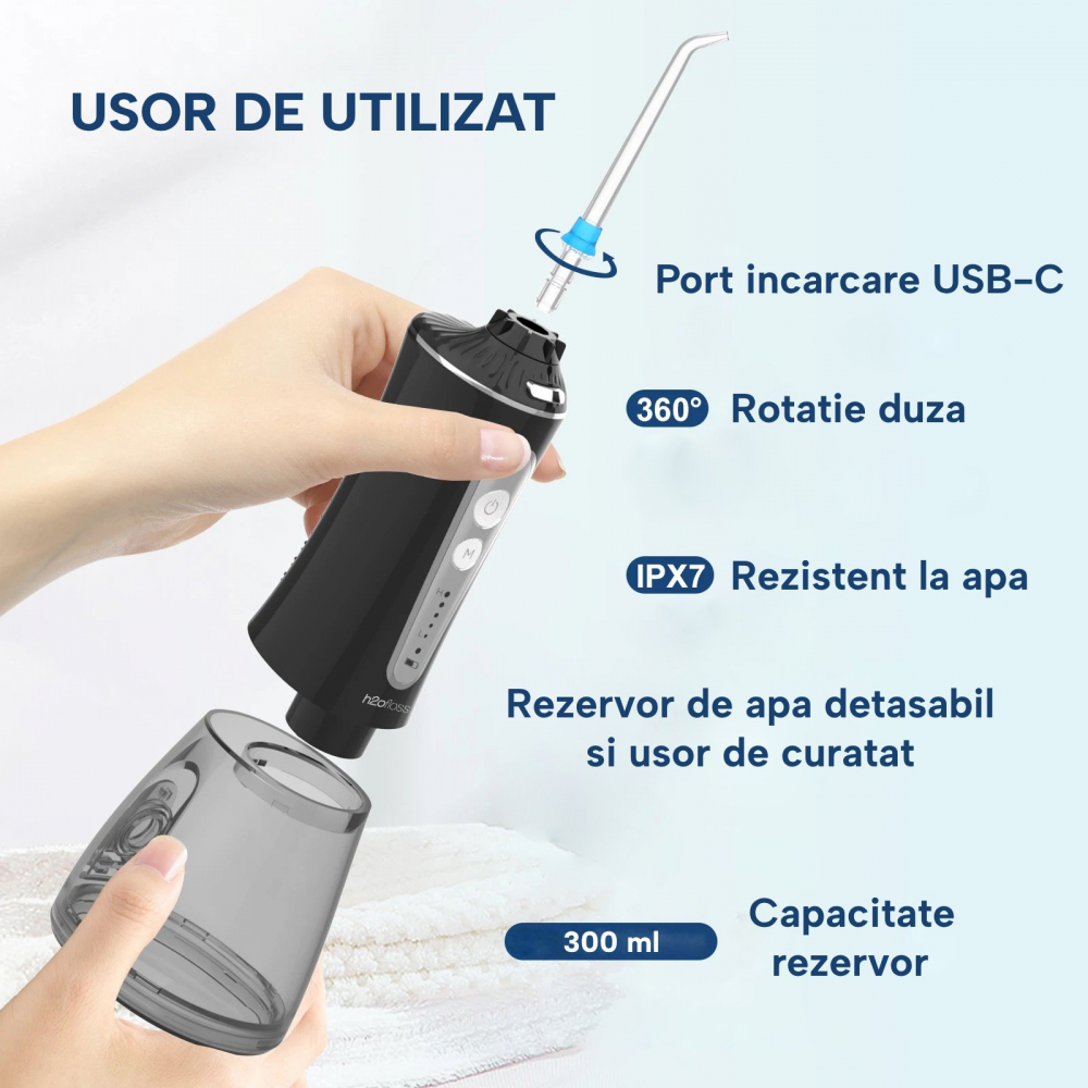 Irigator Oral Profesional pentru Dus Bucal H2ofloss® Premium, 10 duze incluse, 5 trepte de presiune, Acumulator 2500 mAh, Rezervor 300 ml, Rezistenta la apa IPX7, Protectie supraincalzire, Geanta tran [7]