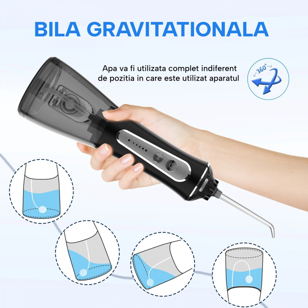 Irigator Oral Profesional pentru Dus Bucal H2ofloss® Premium, 10 duze incluse, 5 trepte de presiune, Acumulator 2500 mAh, Rezervor 300 ml, Rezistenta la apa IPX7, Protectie supraincalzire, Geanta tran [6]