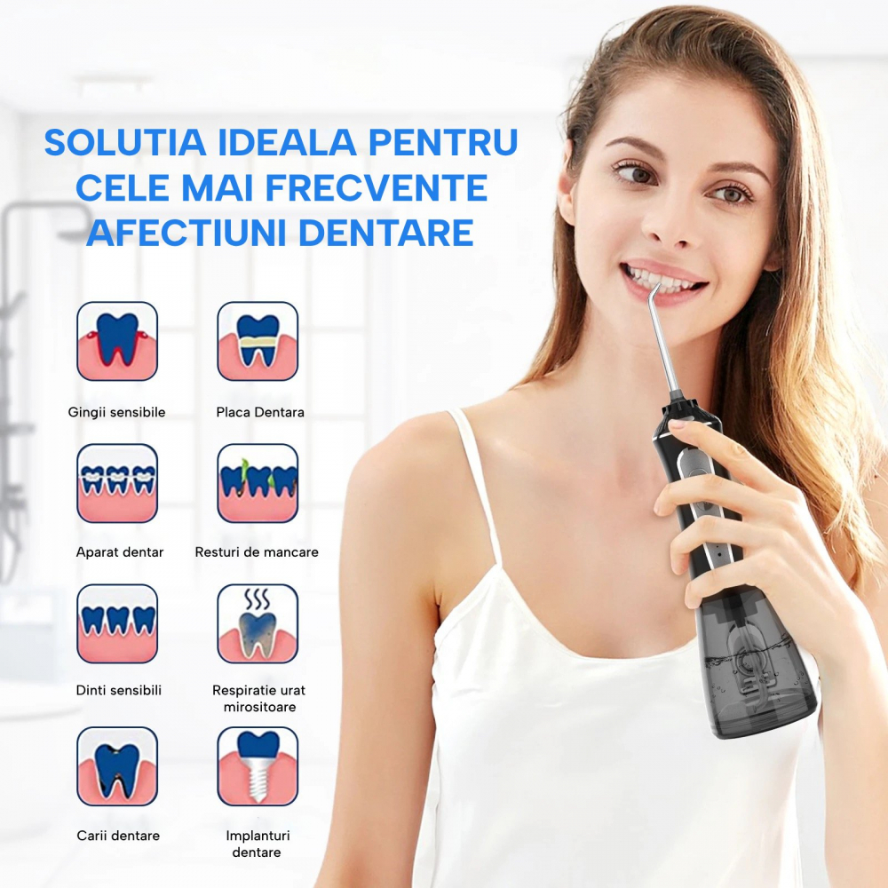 Irigator Oral Profesional pentru Dus Bucal H2ofloss® Premium, 10 duze incluse, 5 trepte de presiune, Acumulator 2500 mAh, Rezervor 300 ml, Rezistenta la apa IPX7, Protectie supraincalzire, Geanta tran [2]