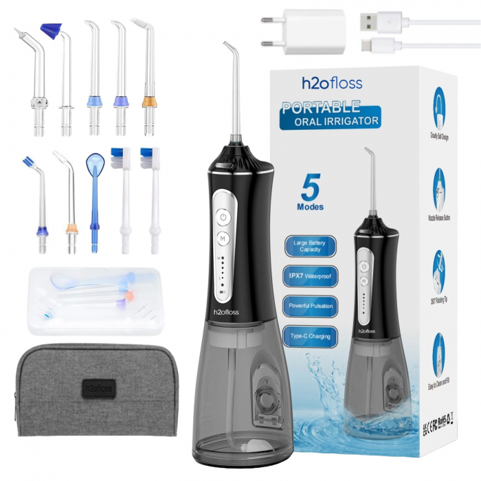 Irigator Oral Profesional pentru Dus Bucal H2ofloss® Premium, 10 duze incluse, 5 trepte de presiune, Acumulator 2500 mAh, Rezervor 300 ml, Rezistenta la apa IPX7, Protectie supraincalzire, Geanta tran [1]