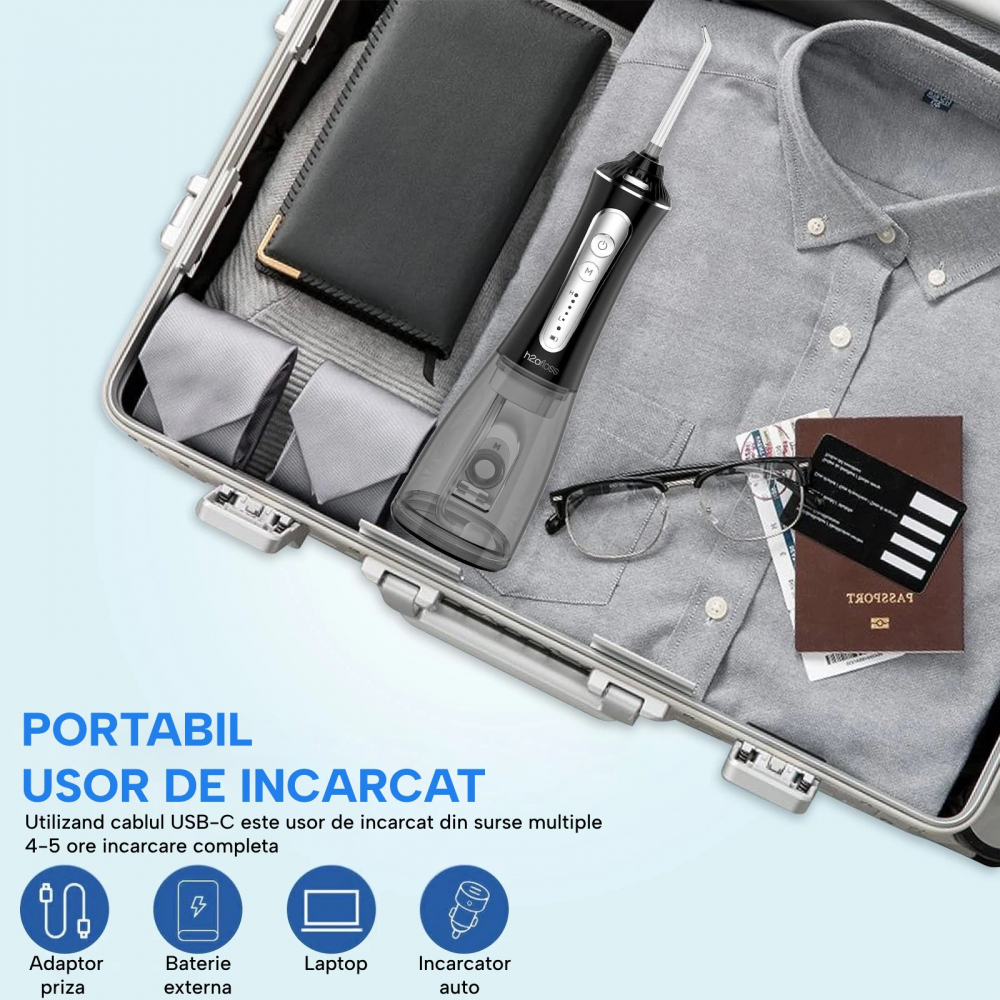Irigator Oral Profesional pentru Dus Bucal H2ofloss® Premium, 10 duze incluse, 5 trepte de presiune, Acumulator 2500 mAh, Rezervor 300 ml, Rezistenta la apa IPX7, Protectie supraincalzire, Geanta tran [9]