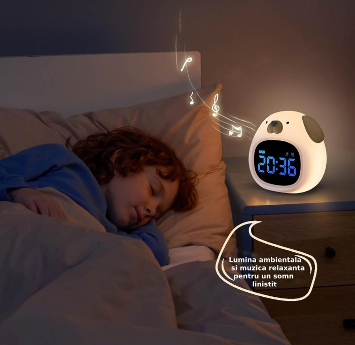 Ceas digital inteligent cu alarma pentru copii eGROW® Dog Touch, 8 culori, 6 melodii adormire, Sunete albe, 5 Nivele de volum, 2 Moduri de alarma, Control prin atingere, 5 Nivele ajustare luminozitate [8]