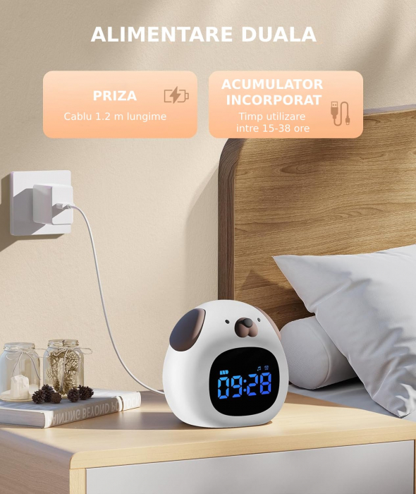 Ceas digital inteligent cu alarma pentru copii eGROW® Dog Touch, 8 culori, 6 melodii adormire, Sunete albe, 5 Nivele de volum, 2 Moduri de alarma, Control prin atingere, 5 Nivele ajustare luminozitate [10]